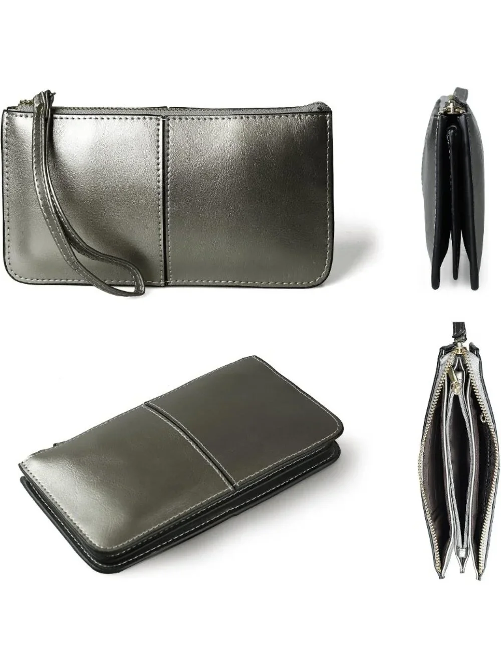 Women’s Warm Silver Genuine Leather Wristlet Clutch Slim Holder Wallet Purse
